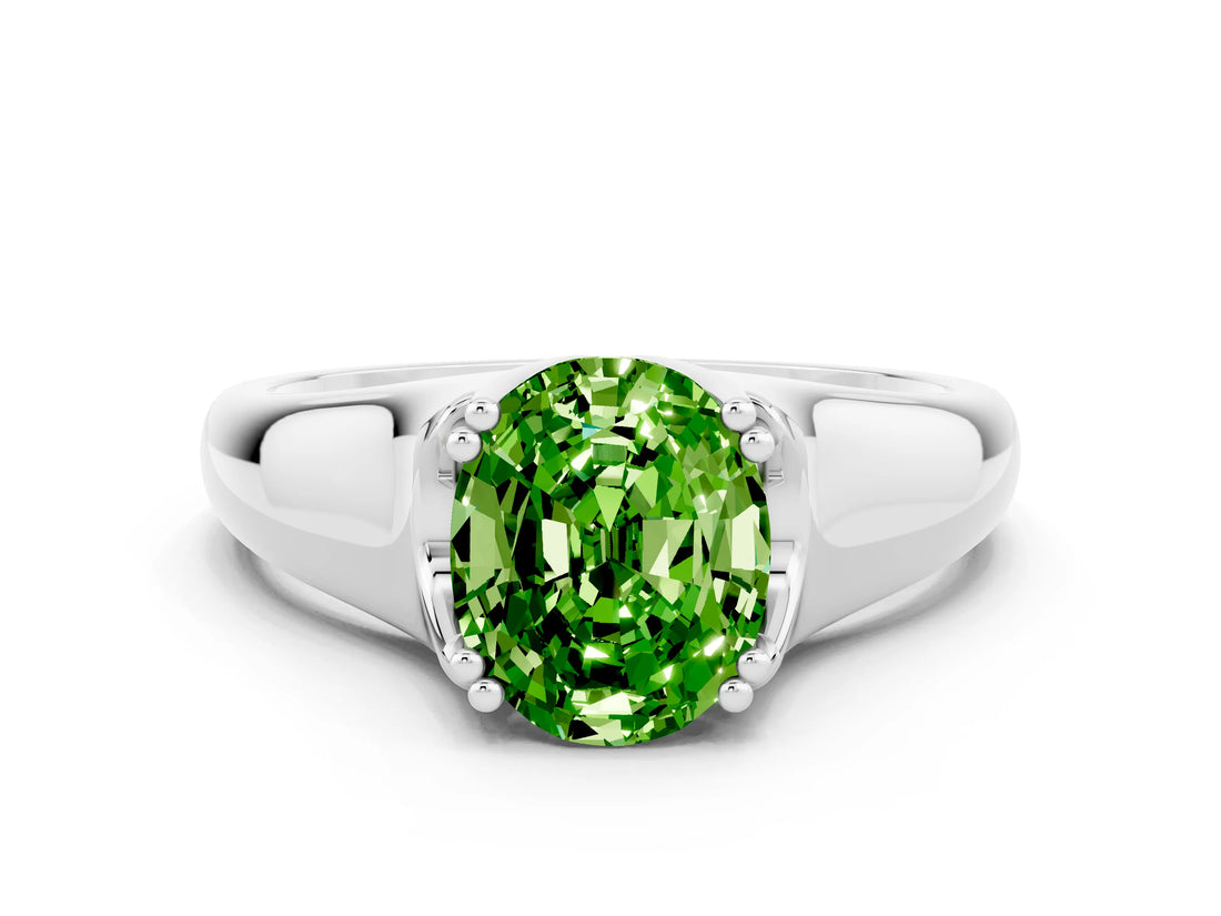 White gold Oval Cut Peridot Solitaire Ring with Wide Band and Prong Setting