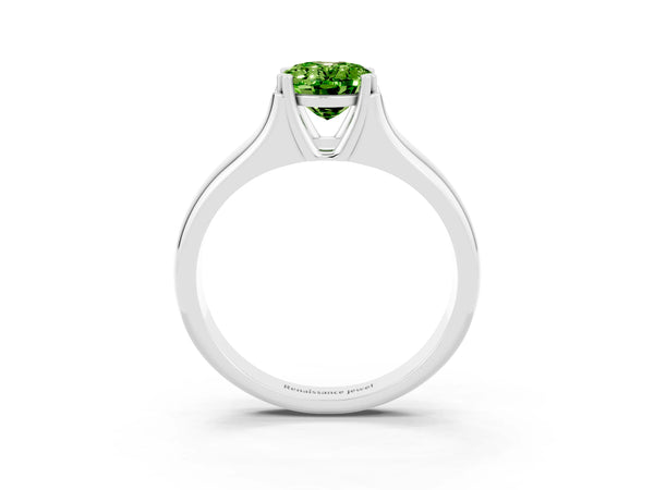 Silver Oval Cut Peridot Solitaire Ring with Wide Band and Prong Setting