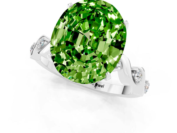 Platinum Oval Cut Peridot Solitaire Twisted Band with Round  Accents and Prong Setting