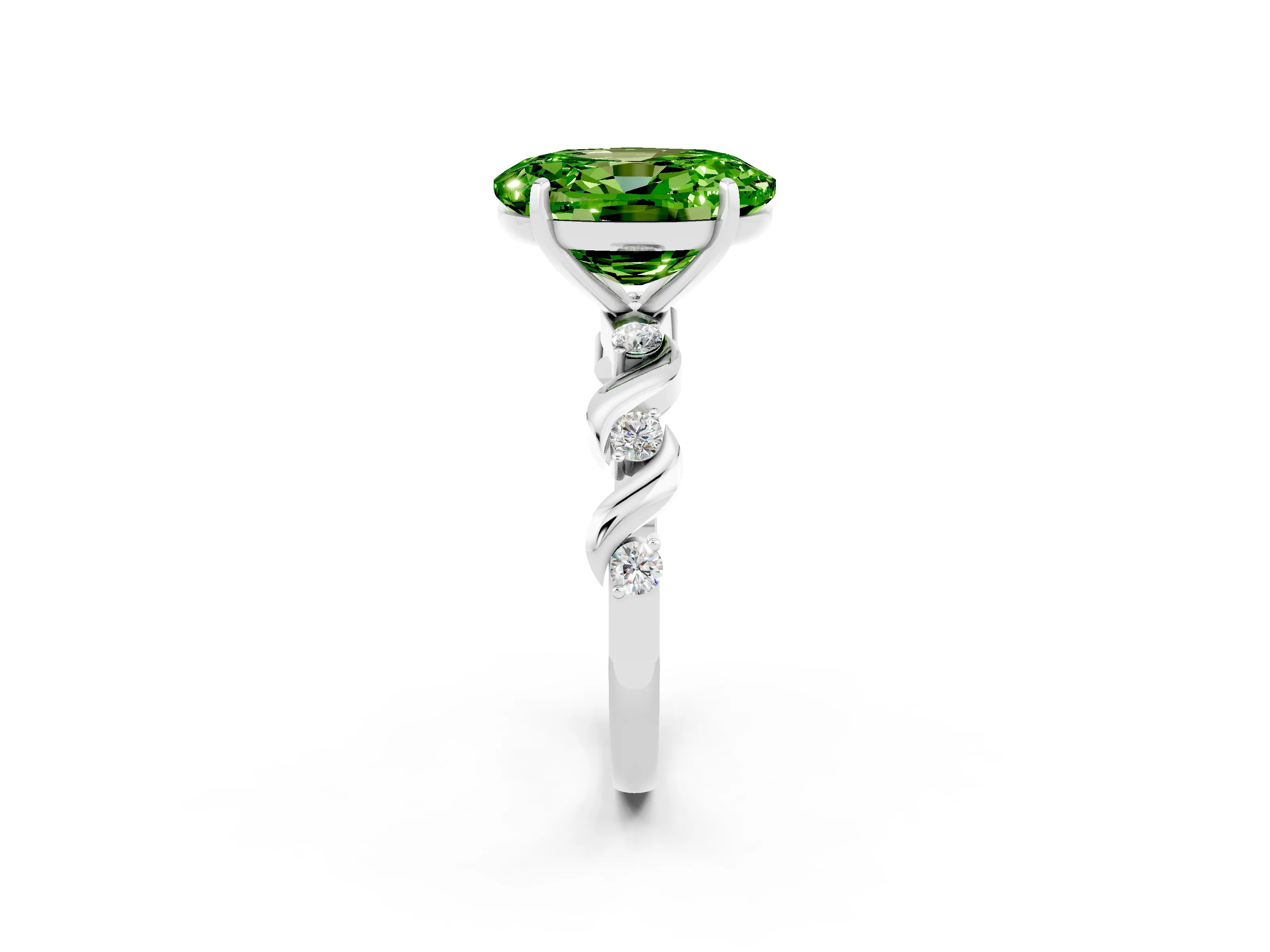 White gold Oval Cut Peridot Solitaire Twisted Band with Round  Accents and Prong Setting_14