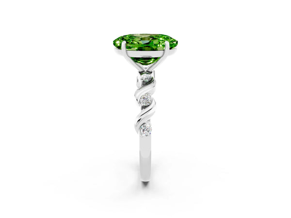 White gold Oval Cut Peridot Solitaire Twisted Band with Round  Accents and Prong Setting