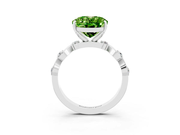 White gold Oval Cut Peridot Solitaire Twisted Band with Round  Accents and Prong Setting