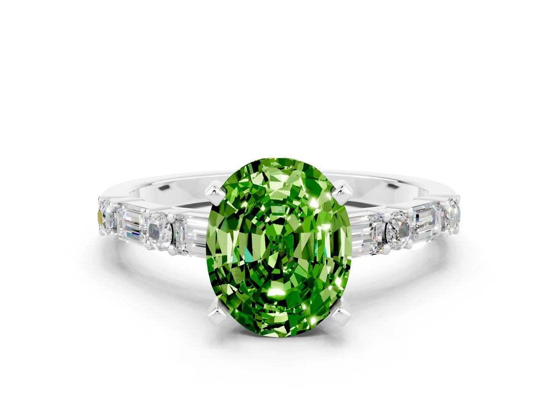 White gold Oval Cut Peridot Solitaire with Side Baguettes and Channel Set Band