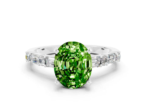 White gold Oval Cut Peridot Solitaire with Side Baguettes and Channel Set Band