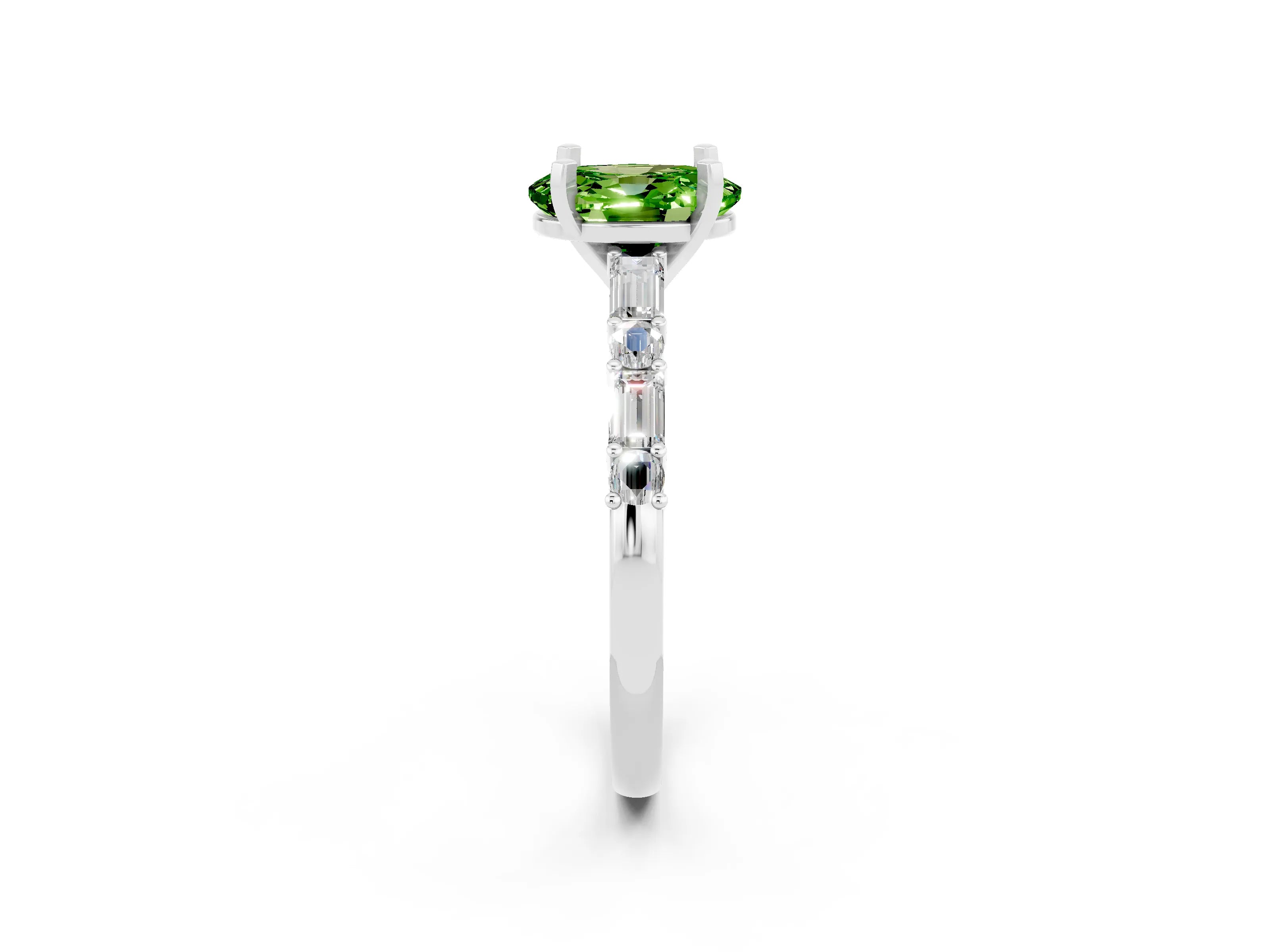 White gold Oval Cut Peridot Solitaire with Side Baguettes and Channel Set Band_2