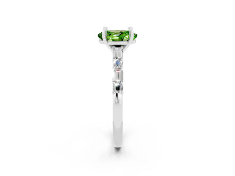 White gold Oval Cut Peridot Solitaire with Side Baguettes and Channel Set Band_2