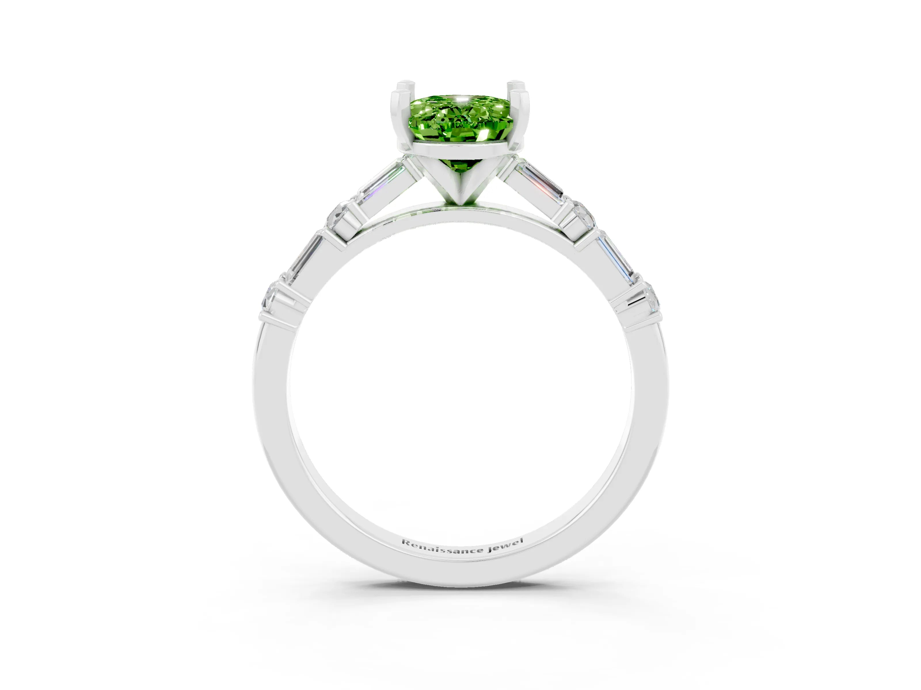 White gold Oval Cut Peridot Solitaire with Side Baguettes and Channel Set Band_3