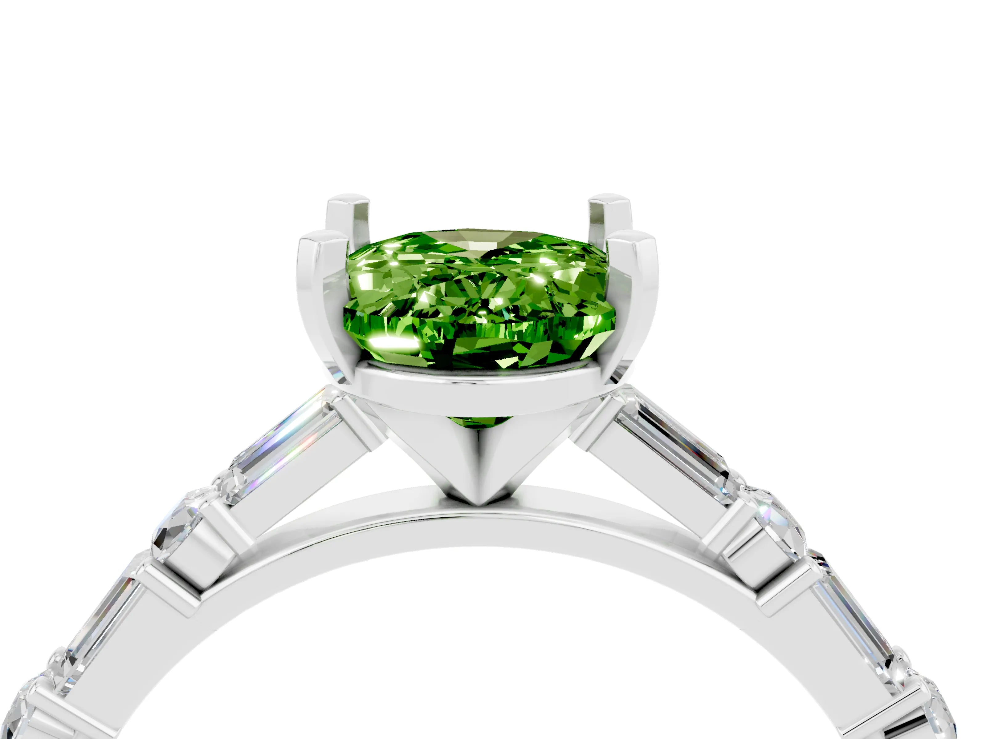 White gold Oval Cut Peridot Solitaire with Side Baguettes and Channel Set Band_4