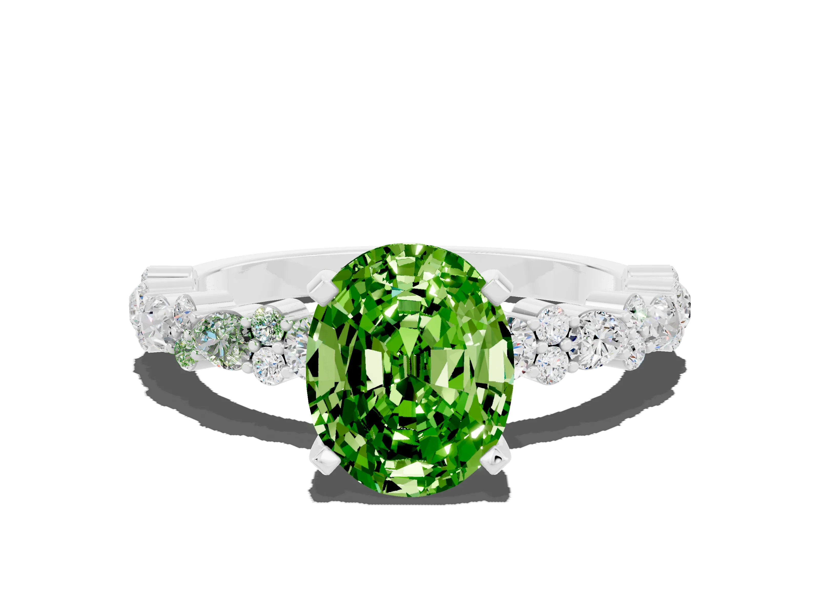 White gold Oval Cut Peridot Solitaire with Side Stones, Pave Band, Four-Prong Setting_36