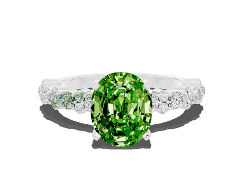 White gold Oval Cut Peridot Solitaire with Side Stones, Pave Band, Four-Prong Setting_36