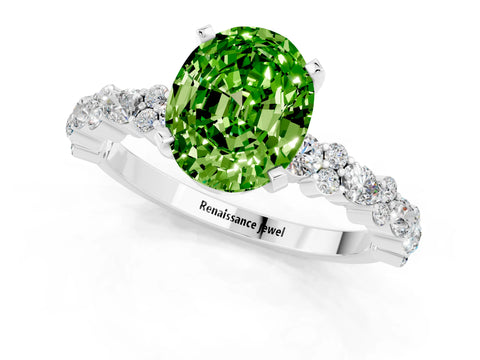 White gold Oval Cut Peridot Solitaire with Side Stones, Pave Band, Four-Prong Setting_37
