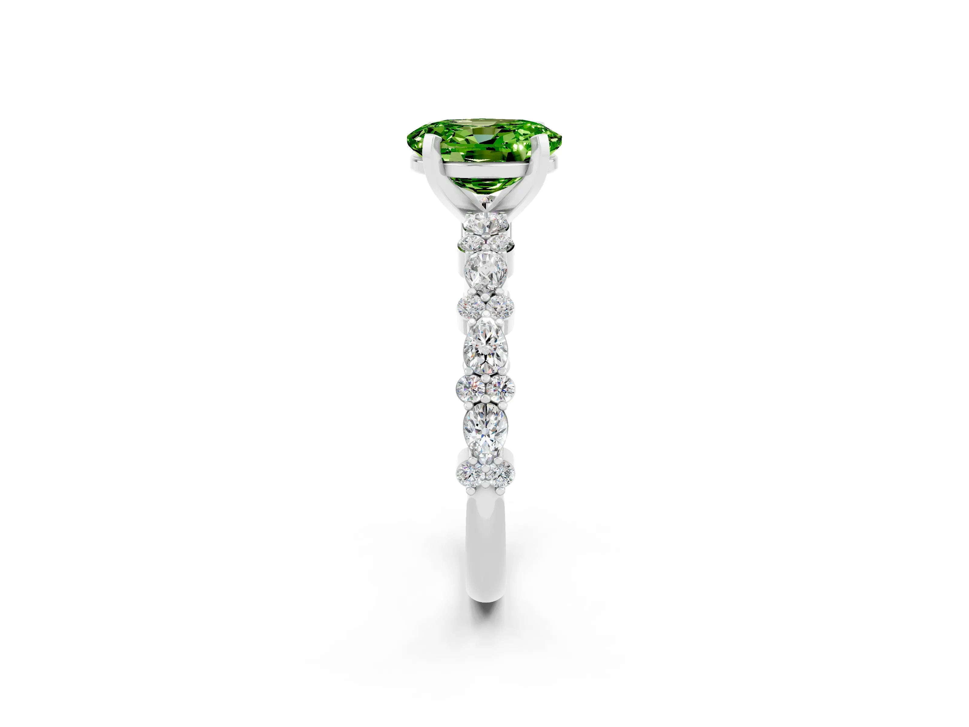 White gold Oval Cut Peridot Solitaire with Side Stones, Pave Band, Four-Prong Setting_38