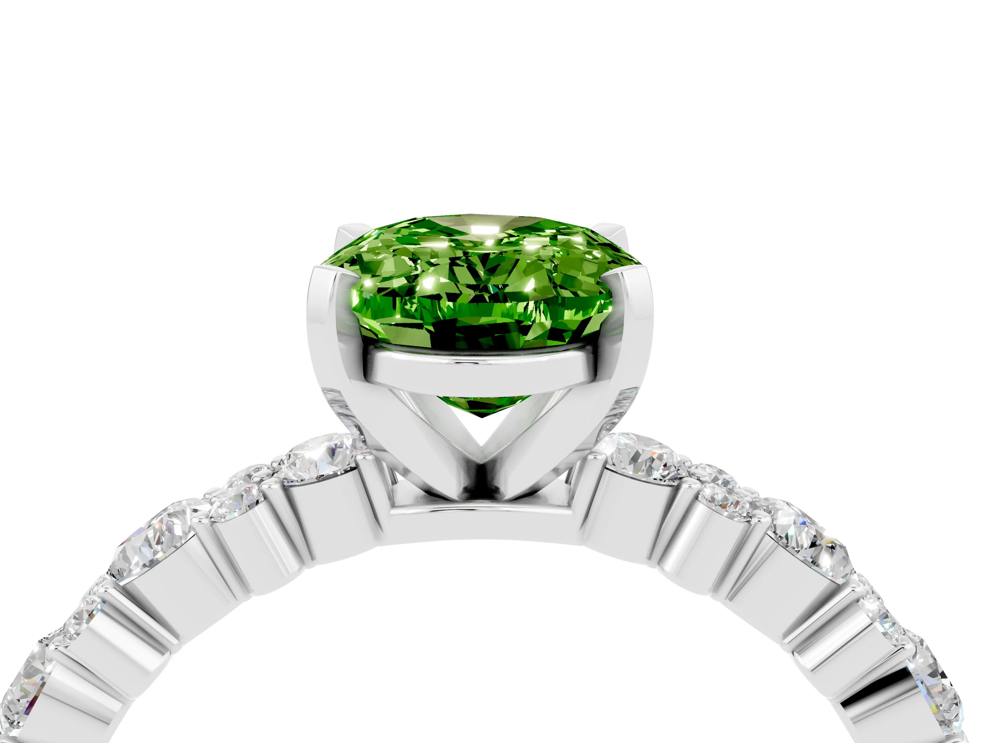White gold Oval Cut Peridot Solitaire with Side Stones, Pave Band, Four-Prong Setting_40