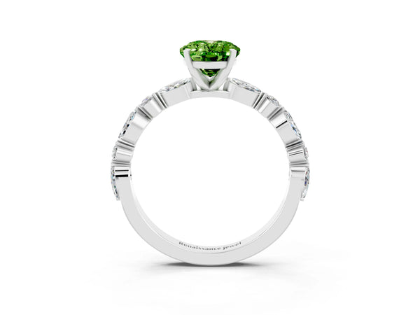 Platinum Oval Cut Peridot Ring with Marquise and Round  Side Stones and Four-Prong Setting