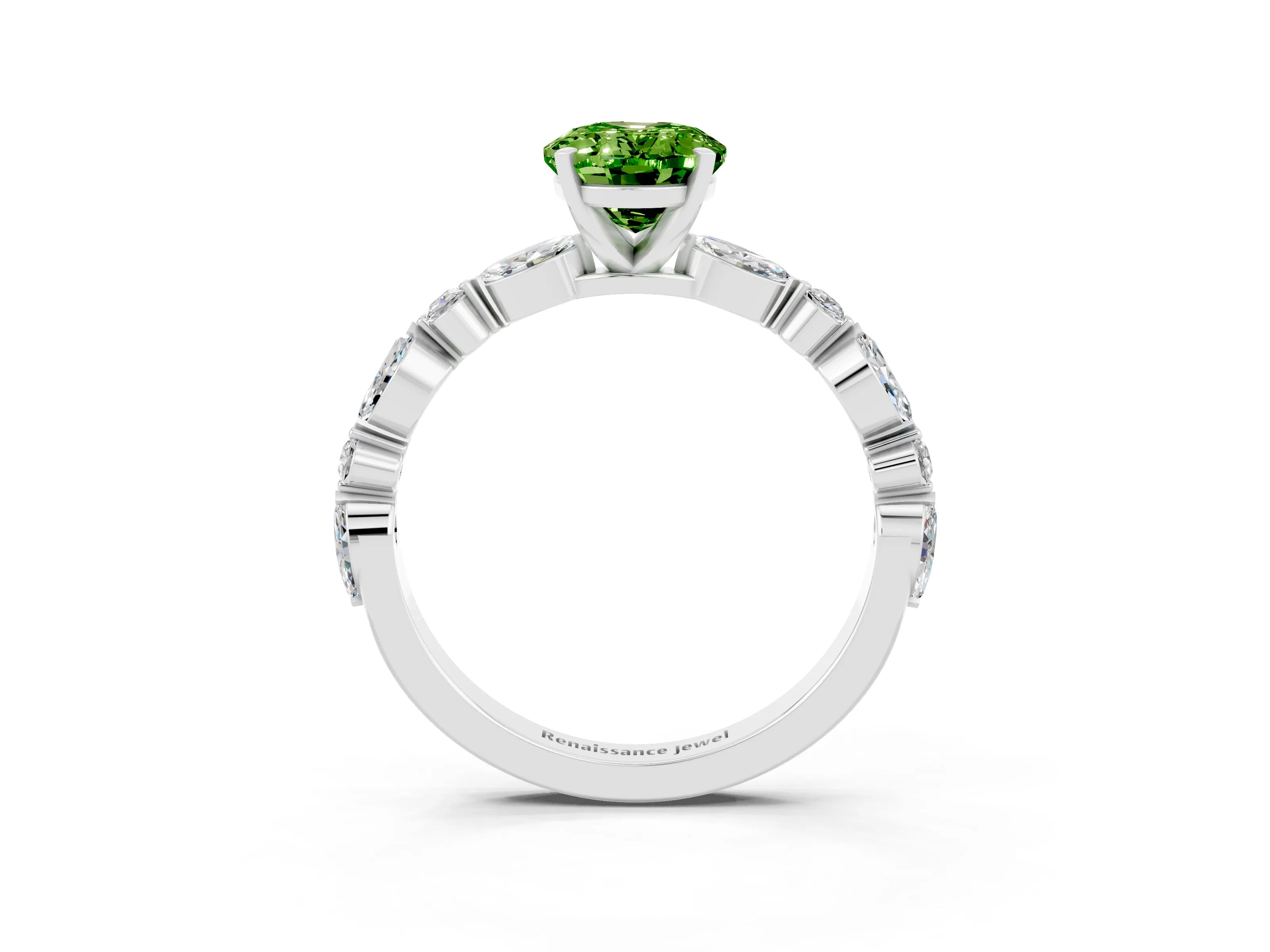 White gold Oval Cut Peridot Solitaire with Side Stones on a Pavé Band and Four-Prong Setting_3