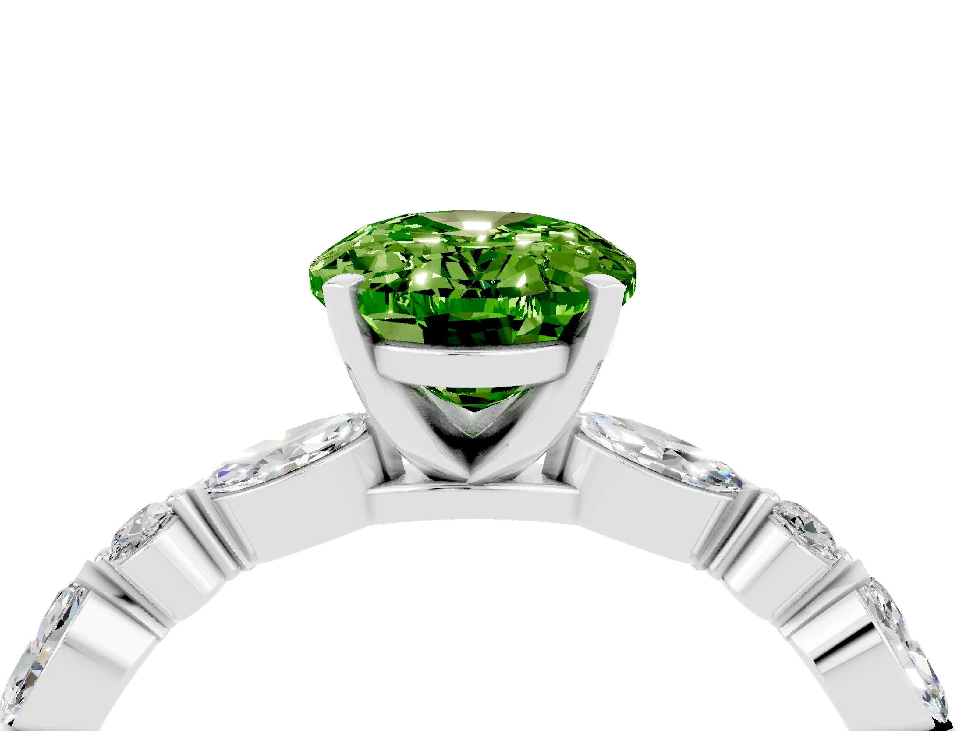 White gold Oval Cut Peridot Solitaire with Side Stones on a Pavé Band and Four-Prong Setting_4