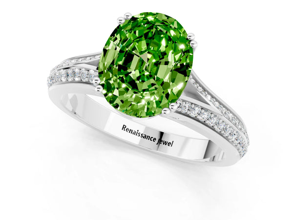 Platinum Oval Cut Peridot Split Shank Engagement Ring with Pavé Band