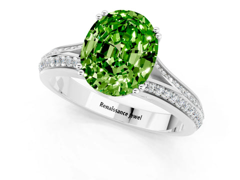 White gold Oval Cut Peridot Split Shank Engagement Ring with Pavé Band_1