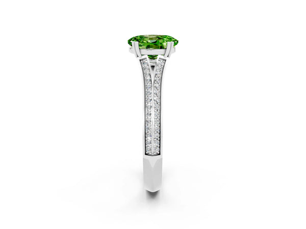Silver Oval Cut Peridot Split Shank Engagement Ring with Pavé Band