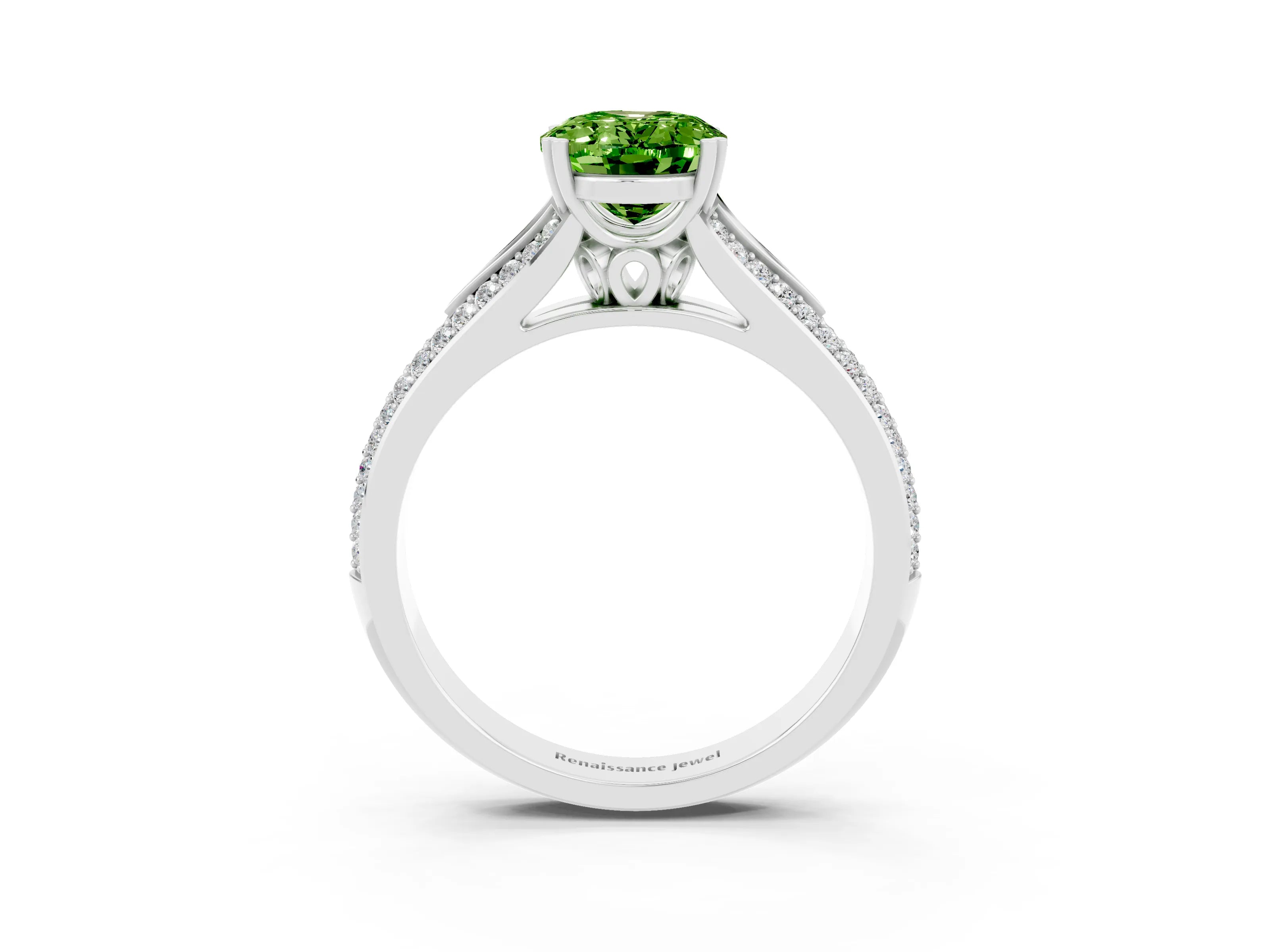 White gold Oval Cut Peridot Split Shank Engagement Ring with Pavé Band_3