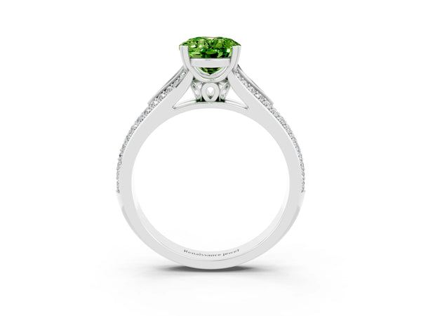 White gold Oval Cut Peridot Split Shank Engagement Ring with Pavé Band