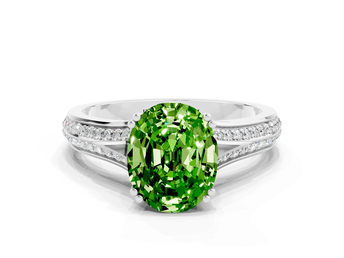 White gold Oval Cut Peridot Split Shank Engagement Ring with Pavé Band