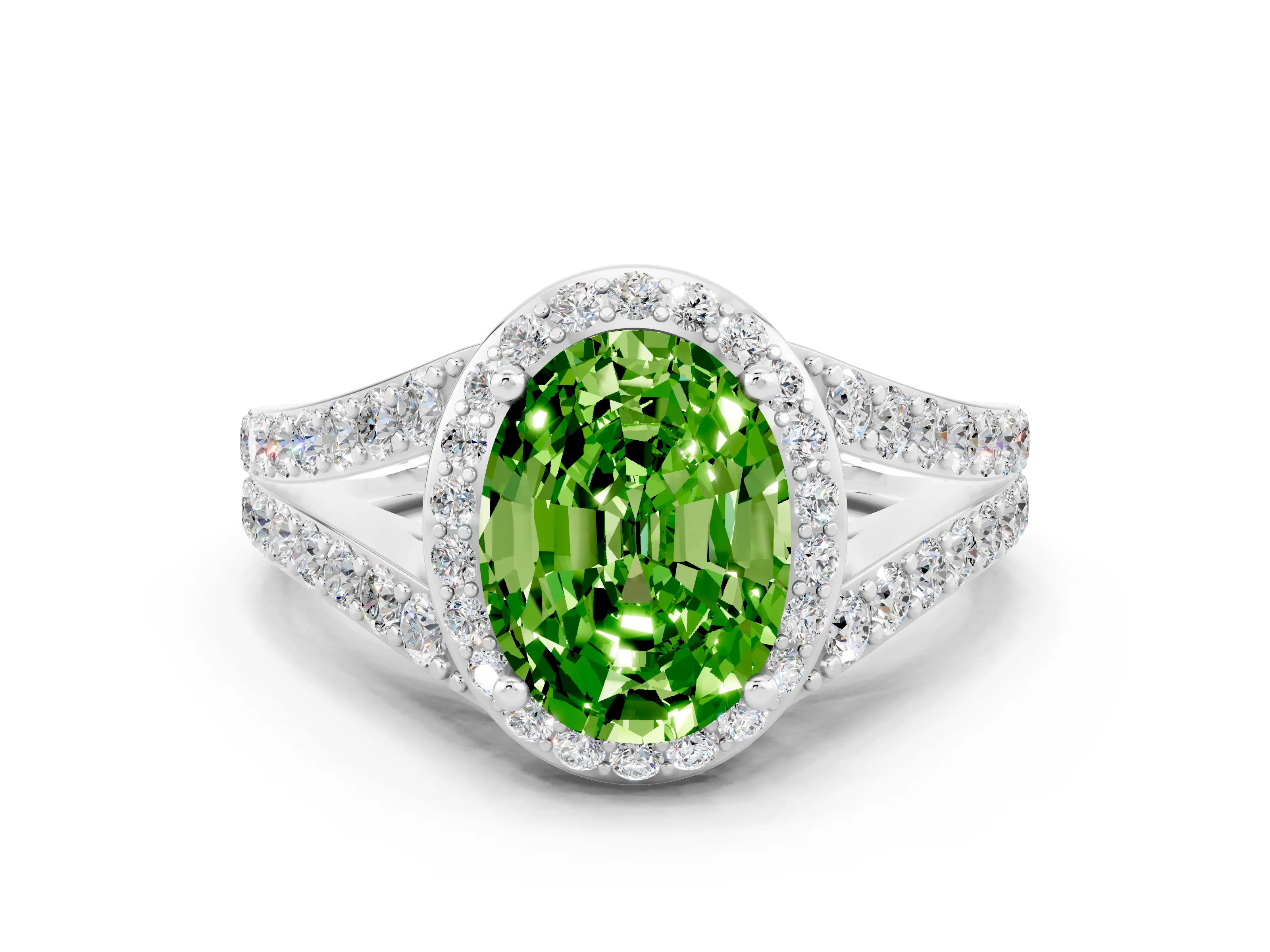 White gold Oval Cut Peridot Split Shank Halo Ring with Four-Prong Setting_12