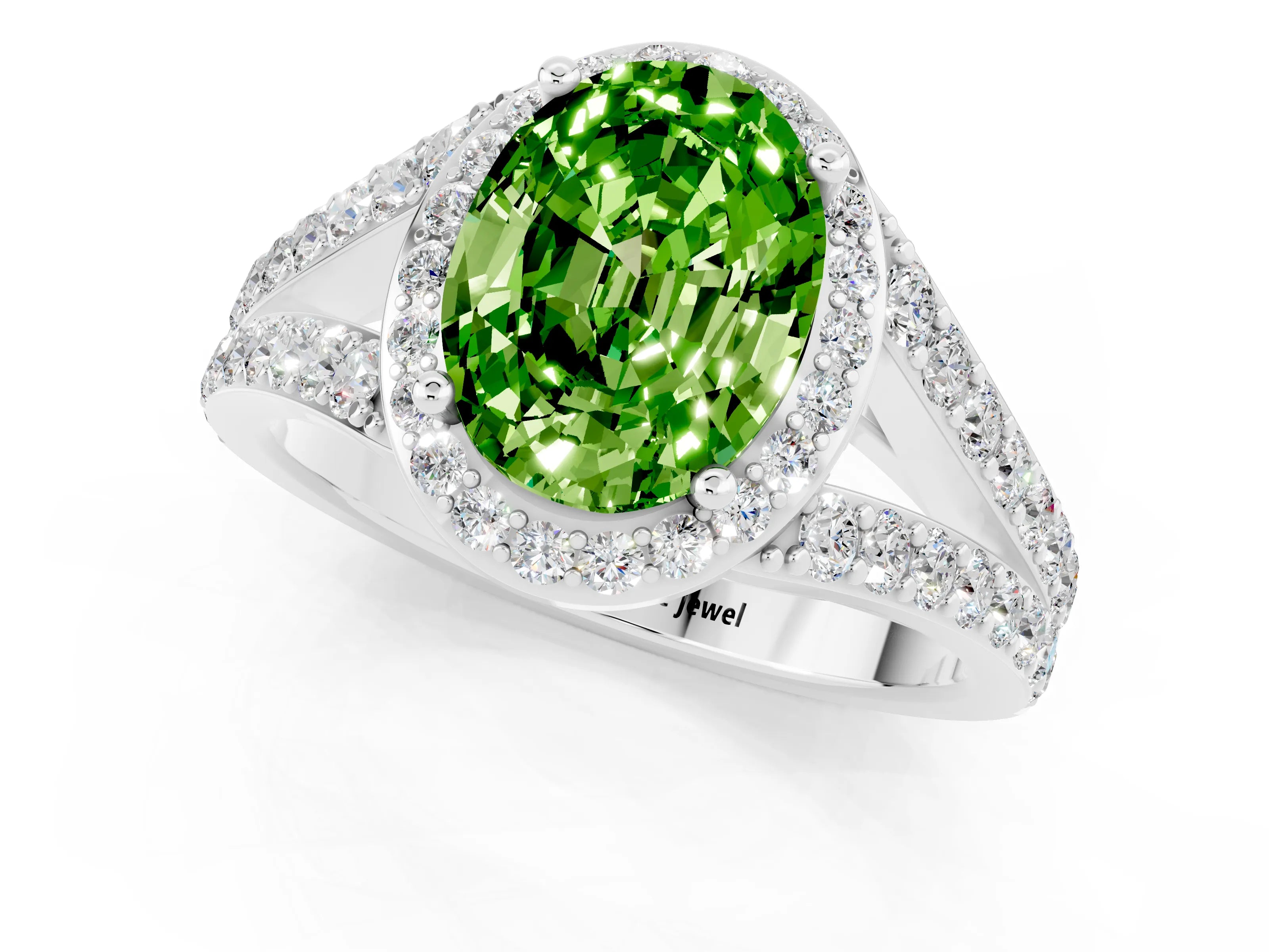 White gold Oval Cut Peridot Split Shank Halo Ring with Four-Prong Setting_13