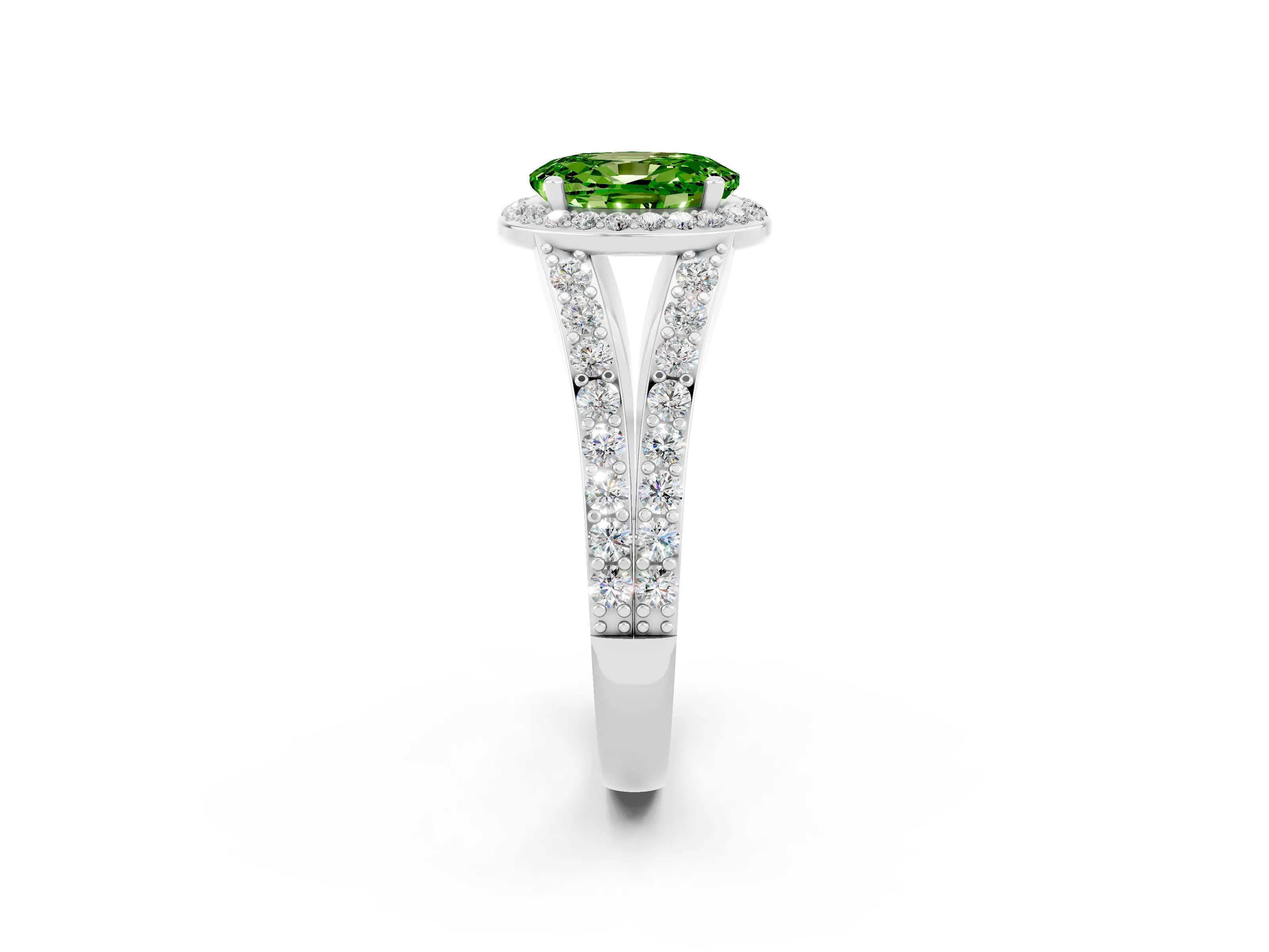 White gold Oval Cut Peridot Split Shank Halo Ring with Four-Prong Setting_14