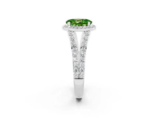 Platinum Oval Cut Peridot Split Shank Halo Ring with Four-Prong Setting
