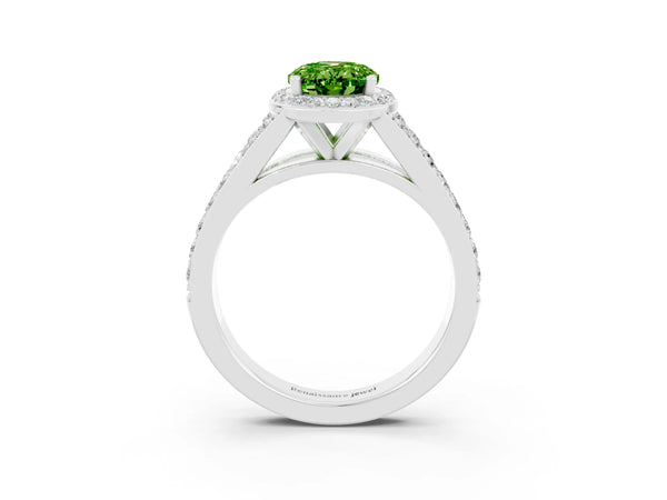 Platinum Oval Cut Peridot Split Shank Halo Ring with Four-Prong Setting
