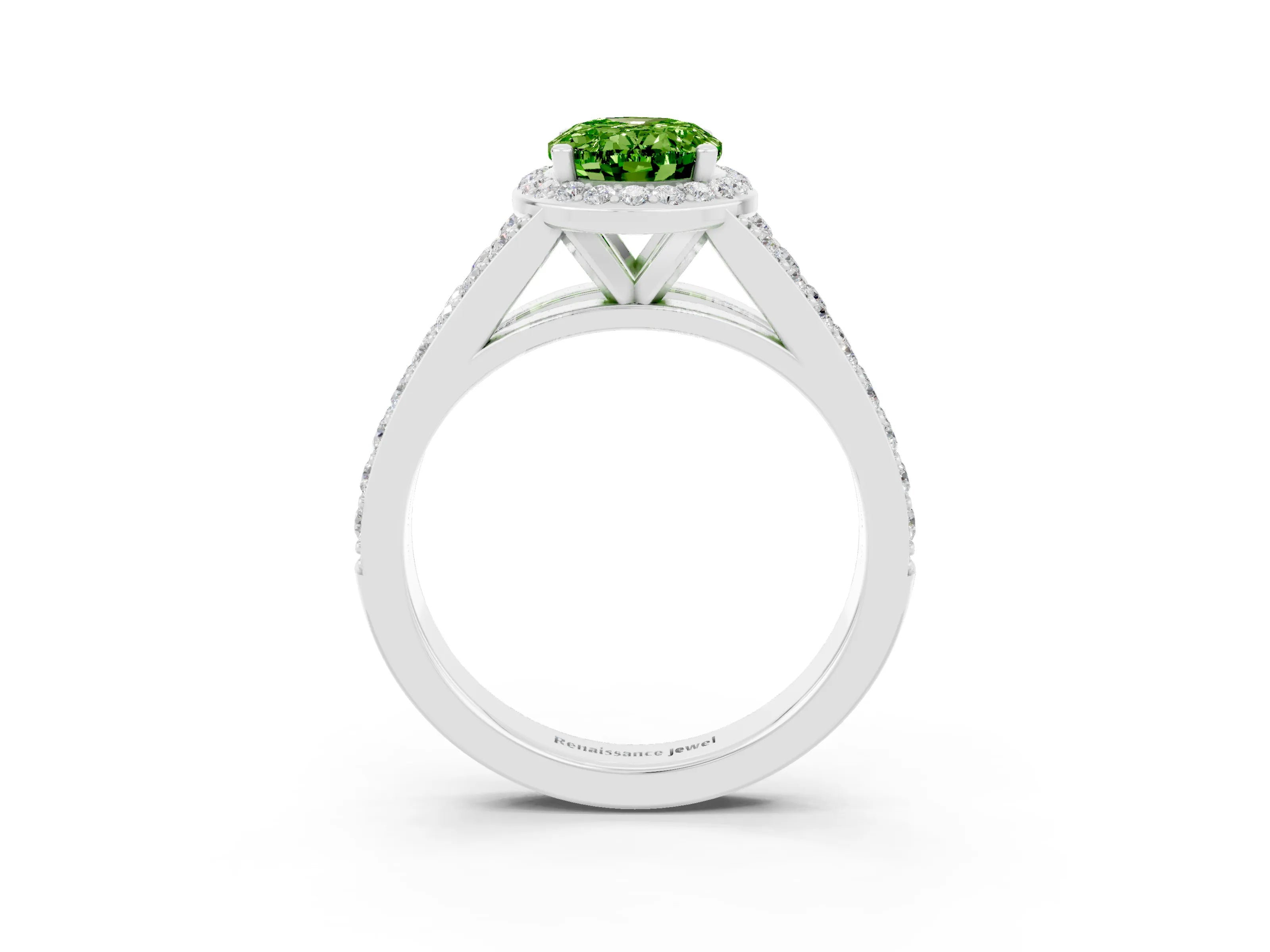 White gold Oval Cut Peridot Split Shank Halo Ring with Four-Prong Setting_15