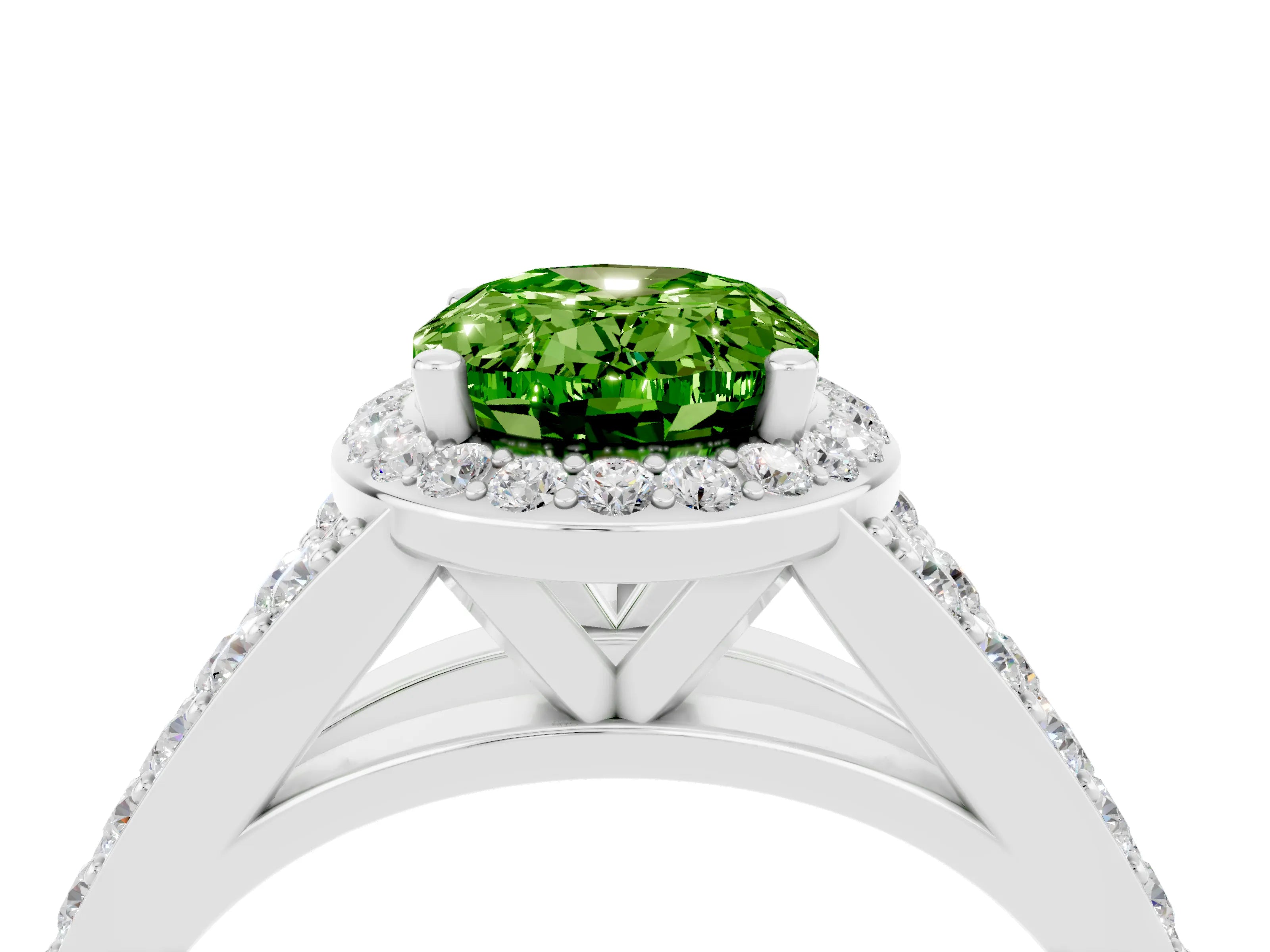 White gold Oval Cut Peridot Split Shank Halo Ring with Four-Prong Setting_16