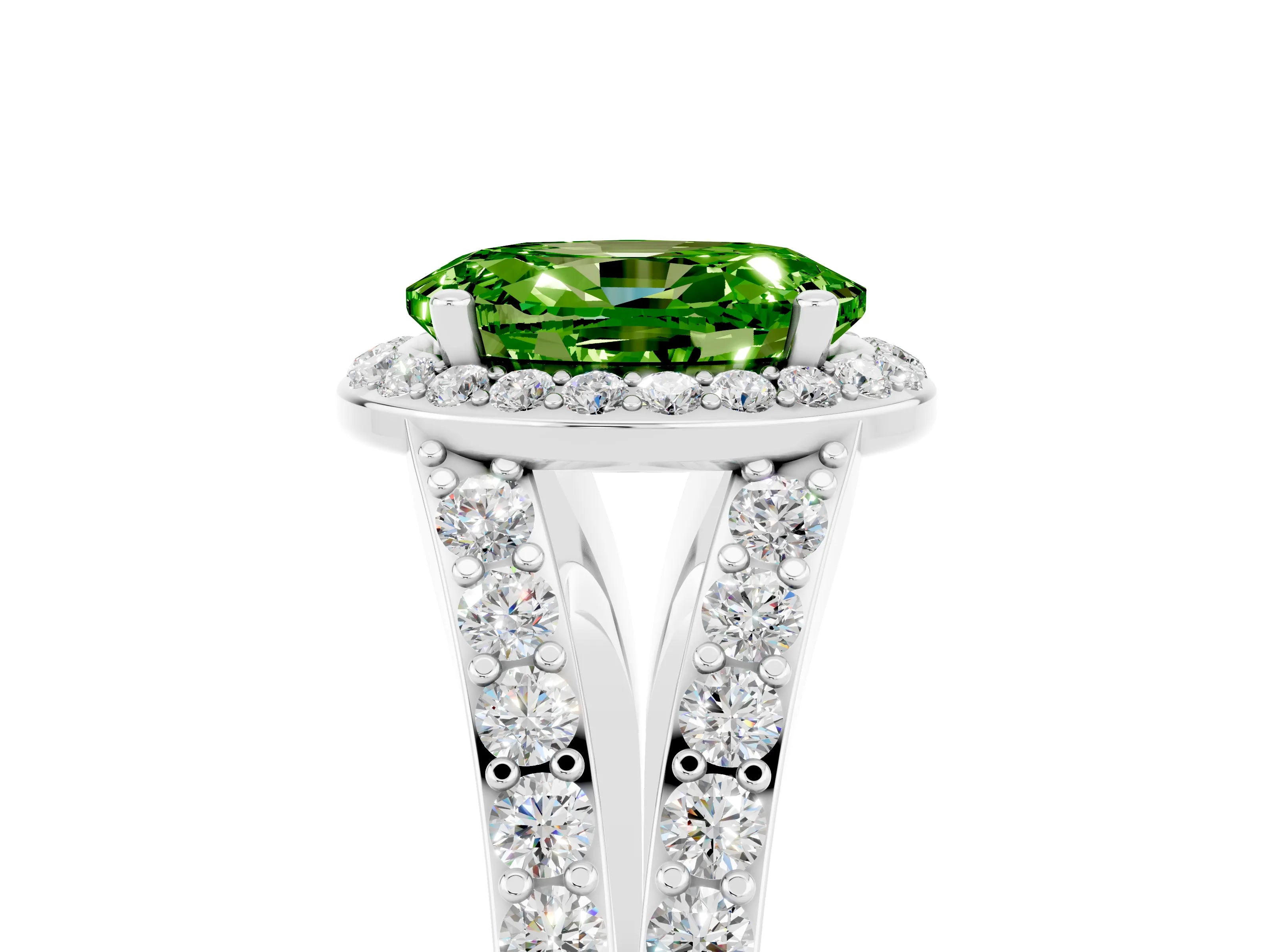 White gold Oval Cut Peridot Split Shank Halo Ring with Four-Prong Setting_17
