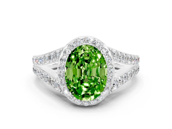 White gold Oval Cut Peridot Split Shank Halo Ring with Four-Prong Setting