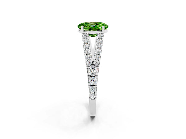 Silver Oval Cut Peridot Split Shank Pavé Engagement Ring with Four-Prong Setting