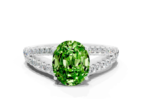 Platinum Oval Cut Peridot Split Shank Pavé Engagement Ring with Four-Prong Setting