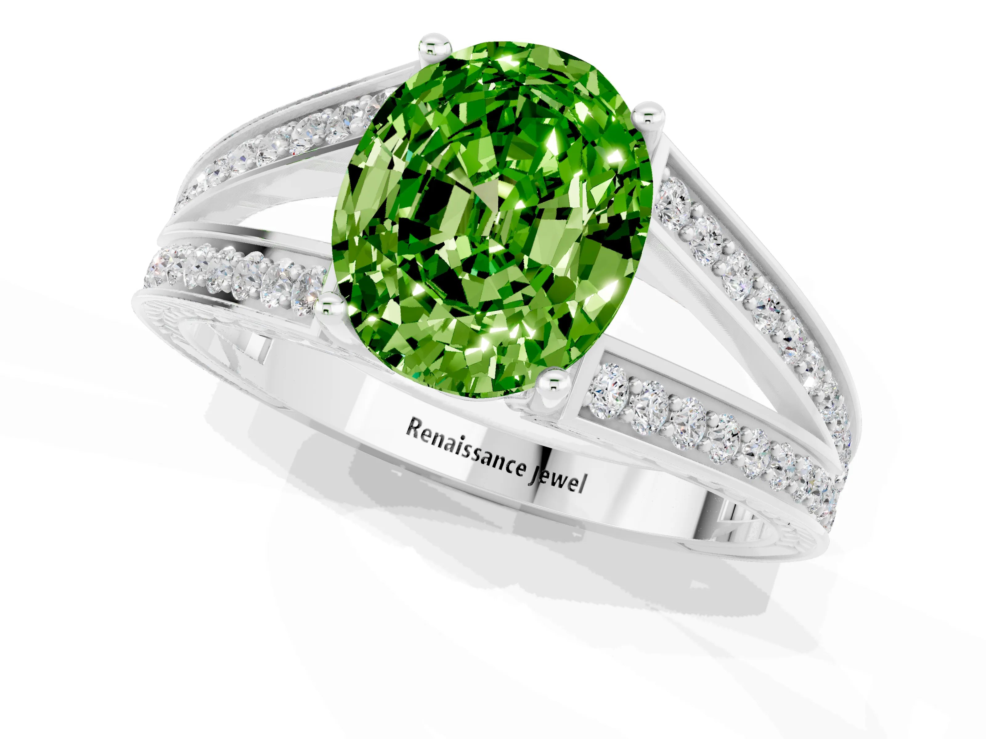 White gold Oval Cut Peridot Split Shank Ring with Pavé Band and Four-Prong Setting_1