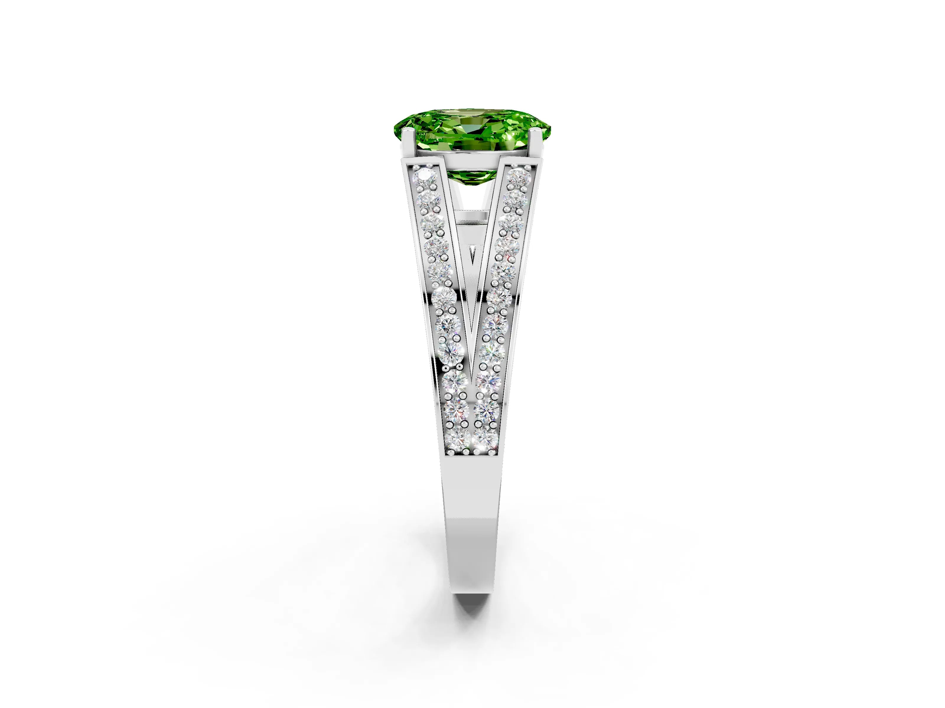 White gold Oval Cut Peridot Split Shank Ring with Pavé Band and Four-Prong Setting_2
