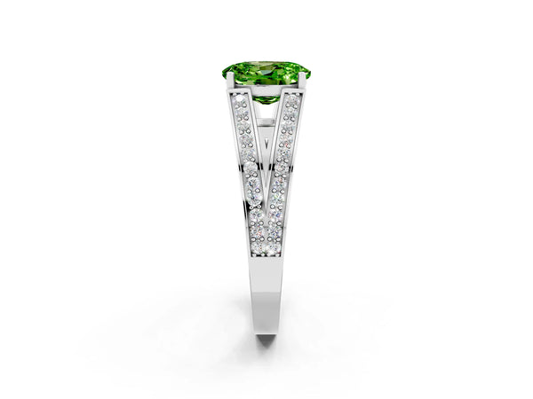 White gold Oval Cut Peridot Split Shank Ring with Pavé Band and Four-Prong Setting