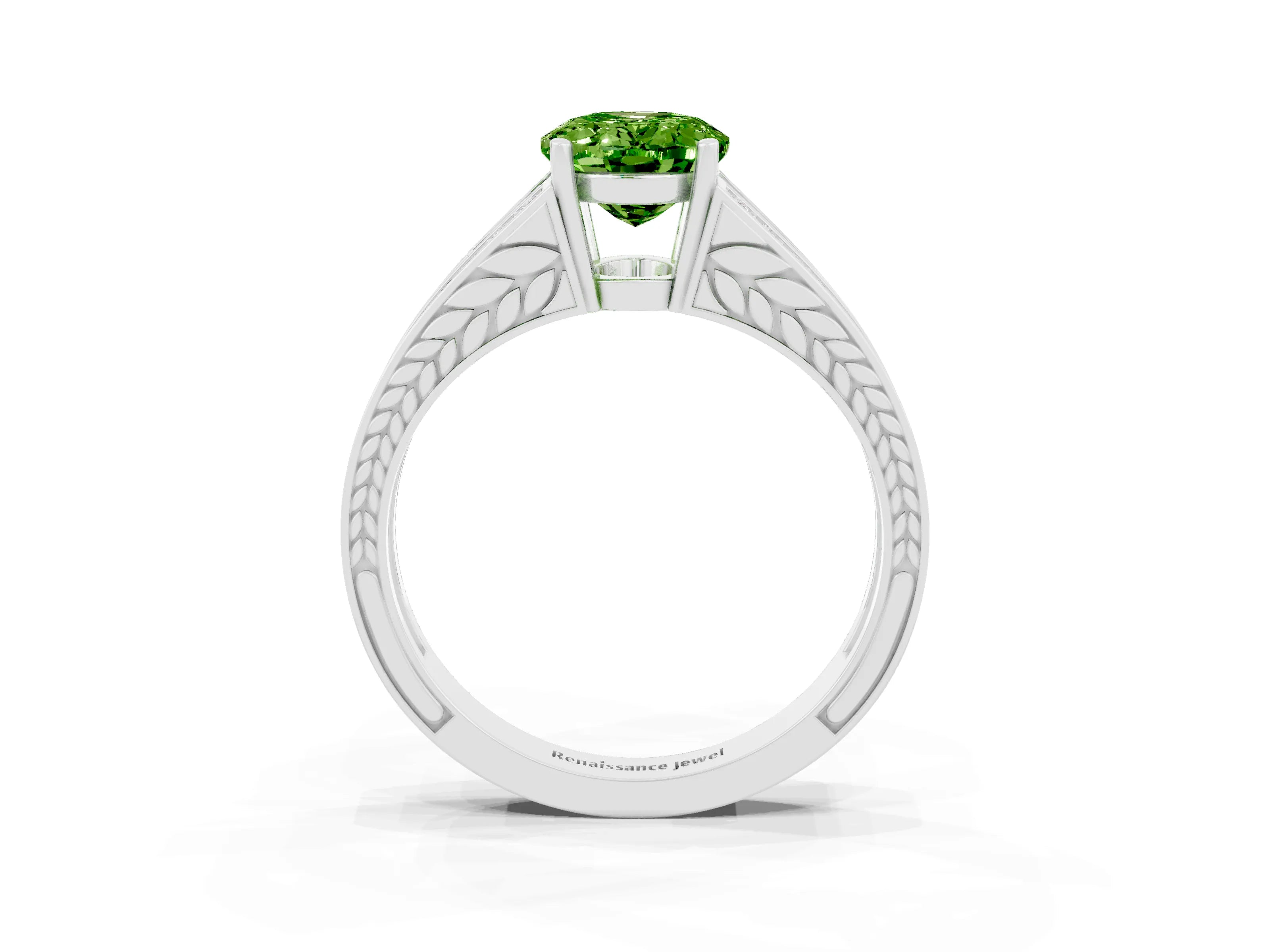 White gold Oval Cut Peridot Split Shank Ring with Pavé Band and Four-Prong Setting_3