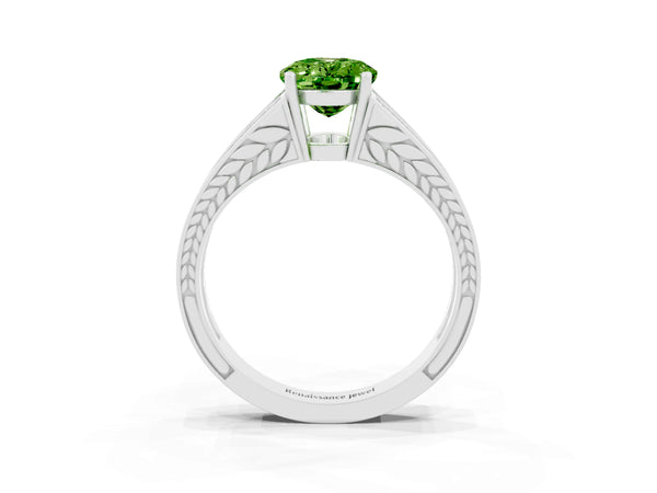 Silver Oval Cut Peridot Split Shank Ring with Pavé Band and Four-Prong Setting