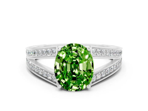 White gold Oval Cut Peridot Split Shank Ring with Pavé Band and Four-Prong Setting