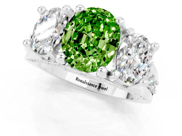 Silver Oval Cut Peridot Three-Stone Ring with Channel Set Band and Four-Prong Setting