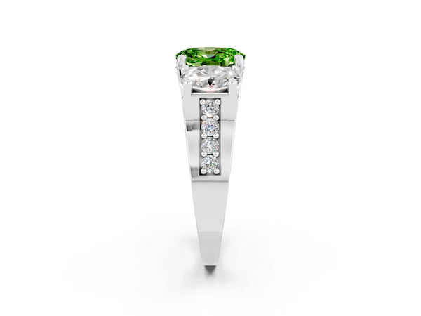 Silver Oval Cut Peridot Three-Stone Ring with Channel Set Band and Four-Prong Setting