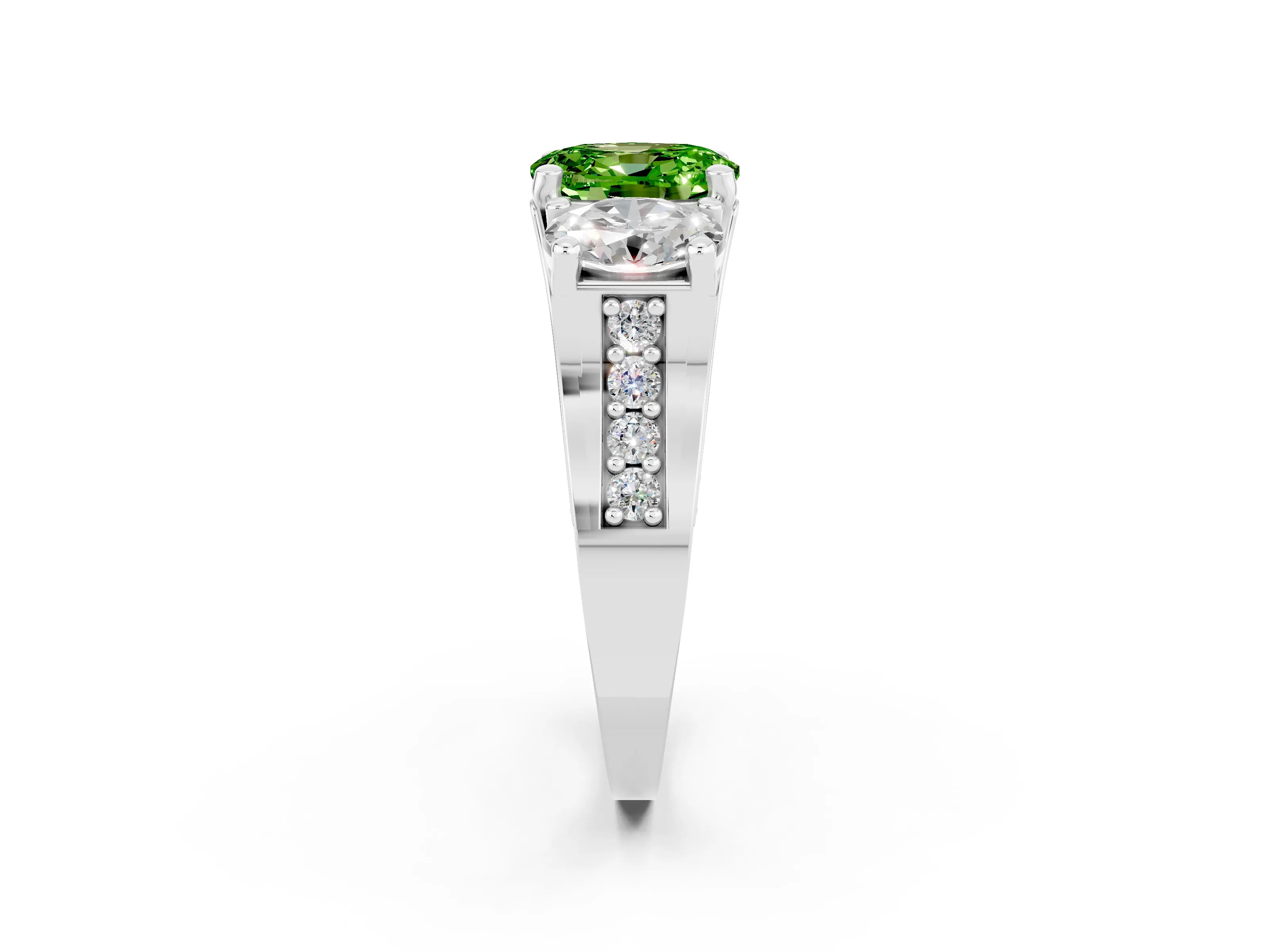White gold Oval Cut Peridot Three-Stone Ring with Channel Set Band and Four-Prong Setting_2