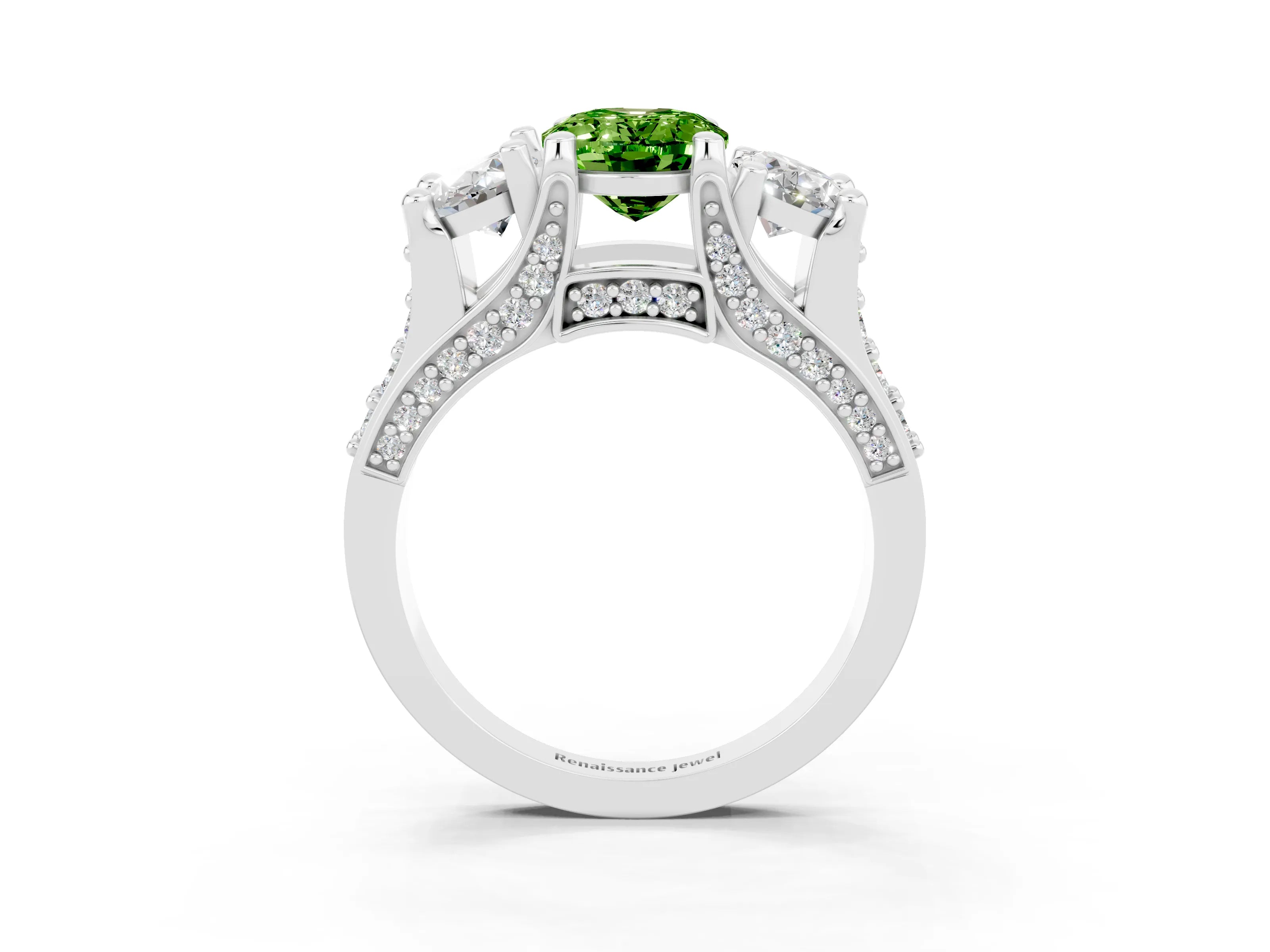 White gold Oval Cut Peridot Three-Stone Ring with Channel Set Band and Four-Prong Setting_3