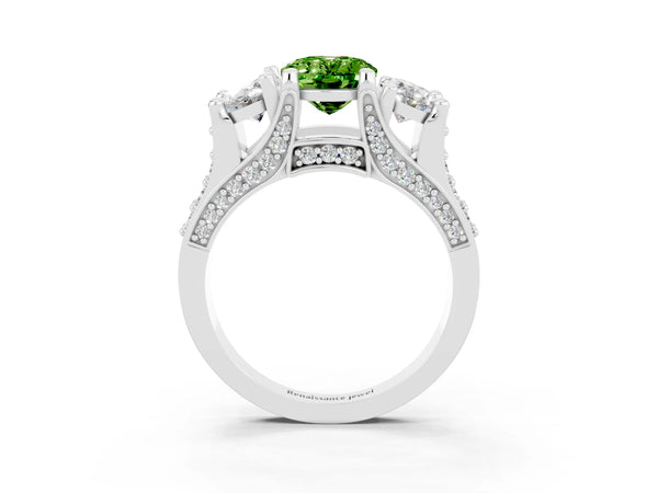 Silver Oval Cut Peridot Three-Stone Ring with Channel Set Band and Four-Prong Setting