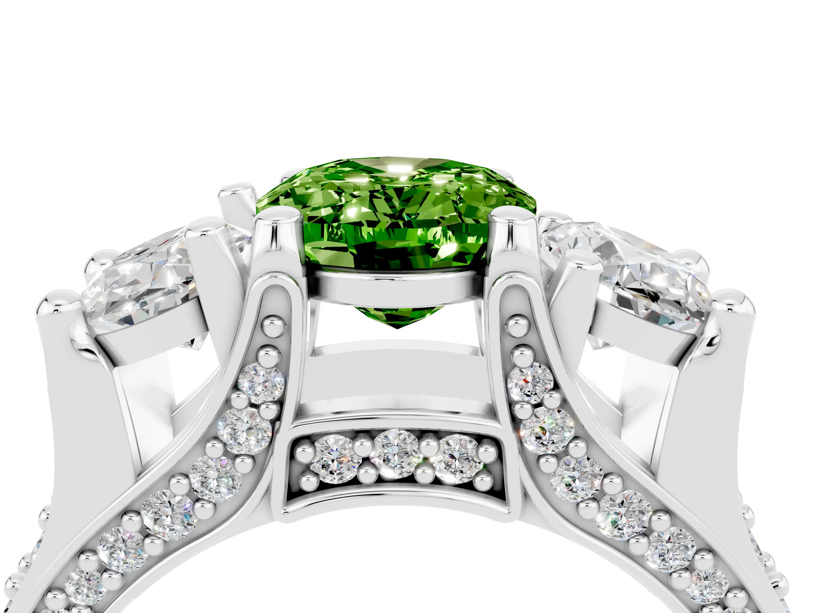 White gold Oval Cut Peridot Three-Stone Ring with Channel Set Band and Four-Prong Setting_4