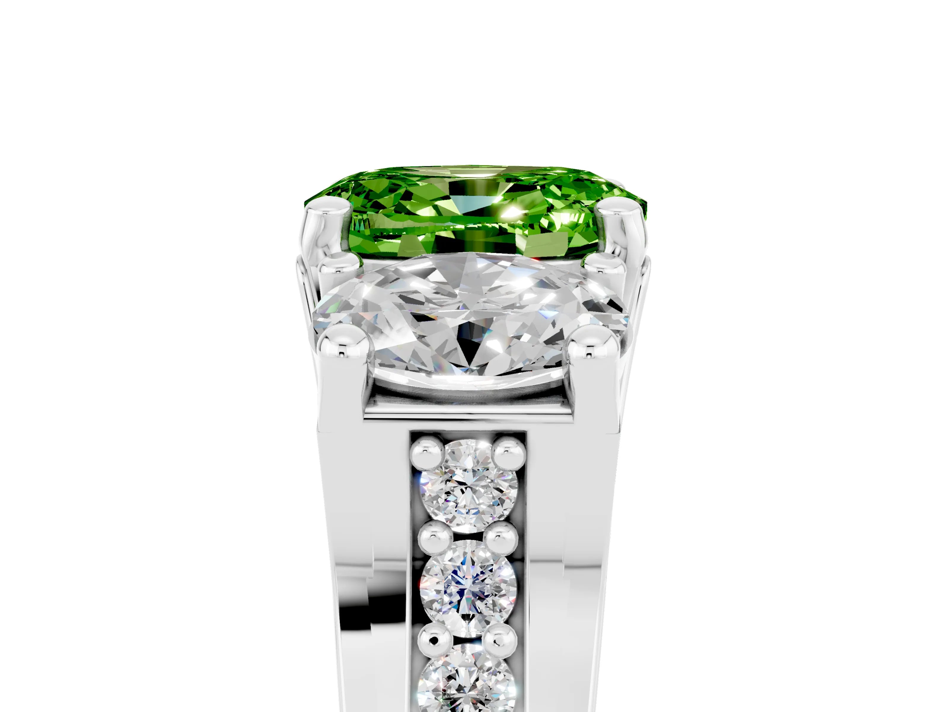 White gold Oval Cut Peridot Three-Stone Ring with Channel Set Band and Four-Prong Setting_5